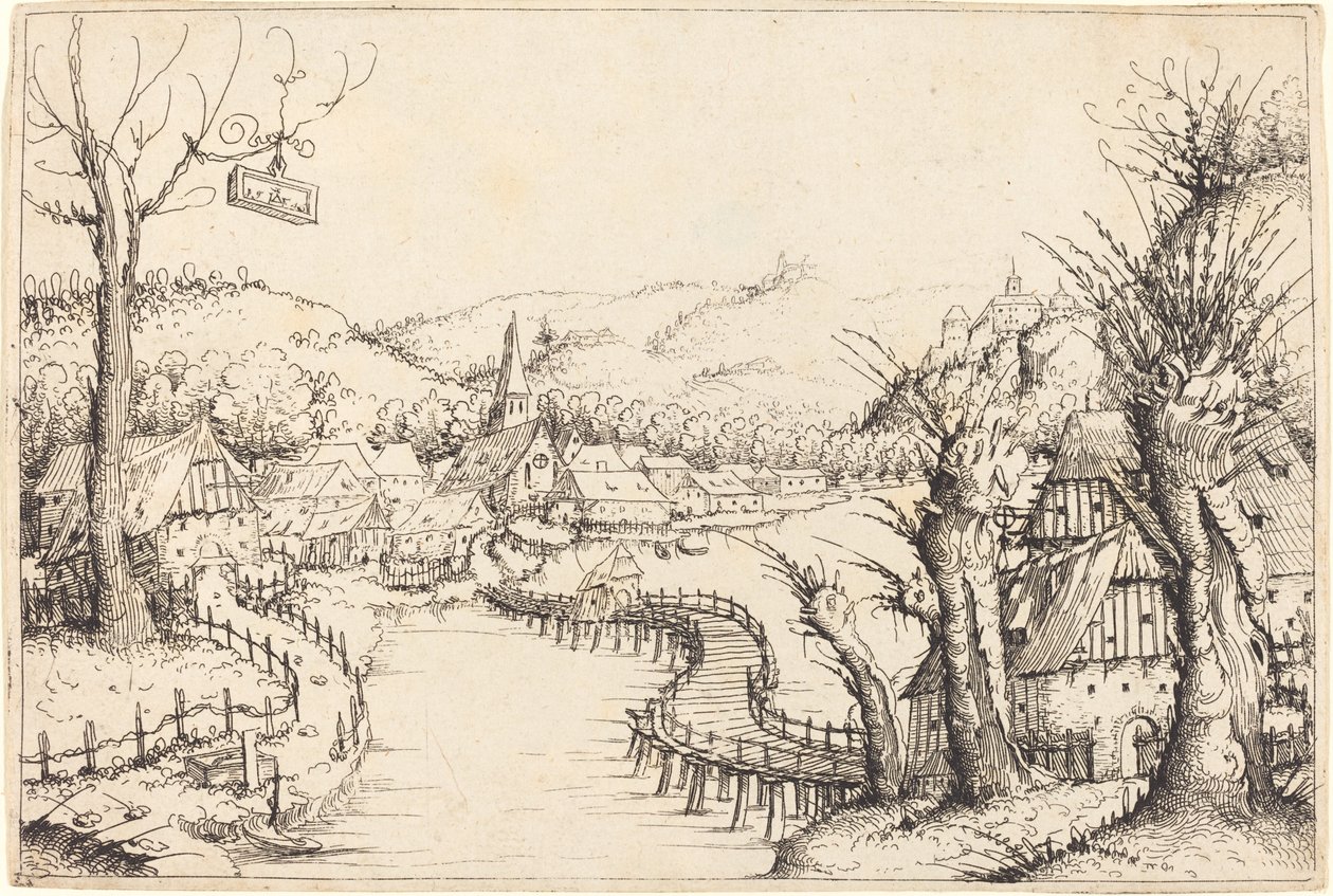 Paisagem fluvial com ponte de madeira, 1546. de Augustin Hirschvogel
