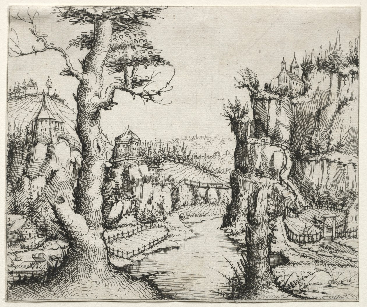 Paisagem do rio com as rochas à esquerda ana à direita, 1546. de Augustin Hirschvogel
