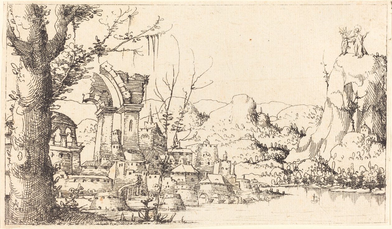 Paisagem fluvial com a tentação de Cristo de Augustin Hirschvogel