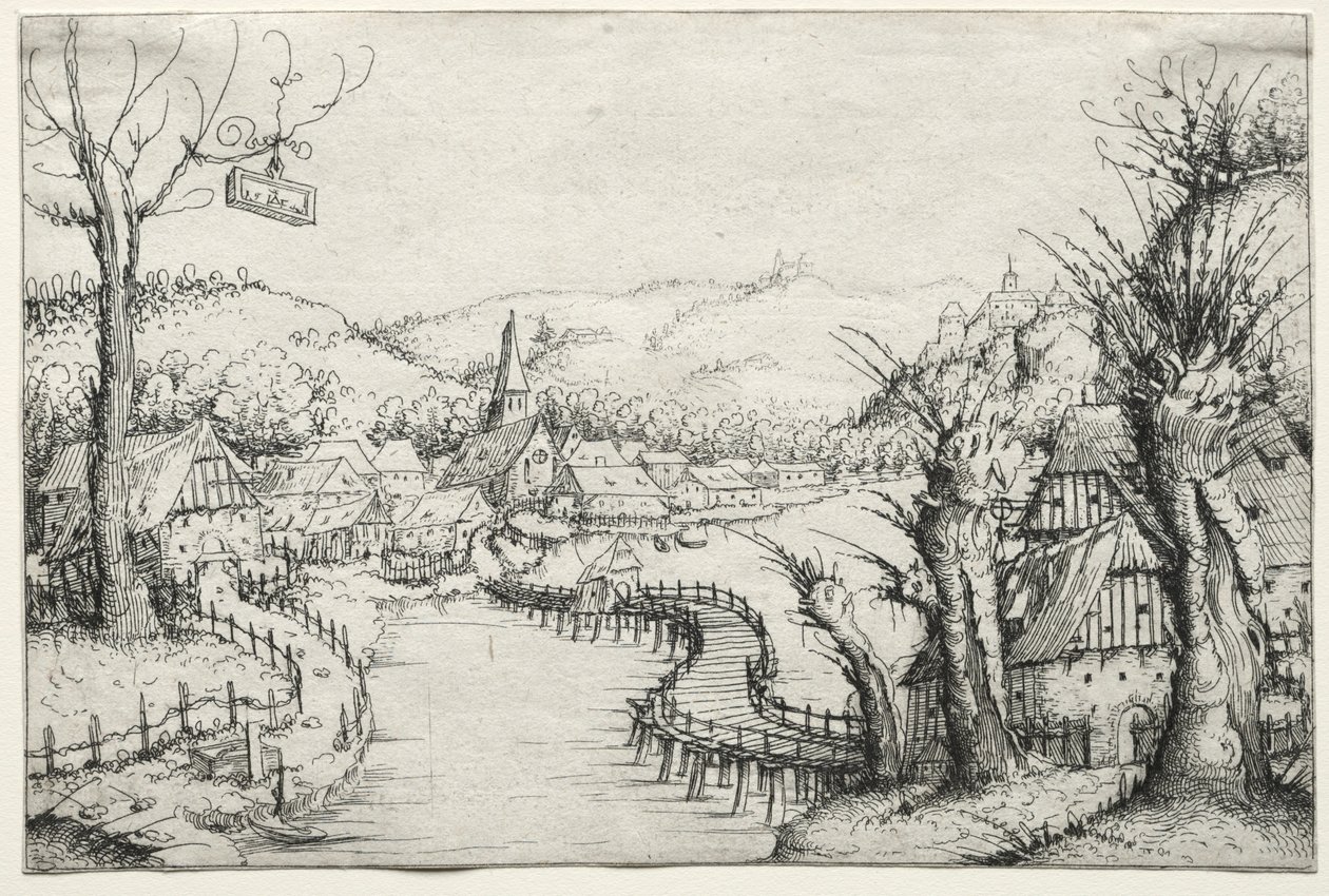 Paisagem do rio com três salgueiros nus à direita e uma longa e sinuosa ponte de madeira ..., 1546. de Augustin Hirschvogel