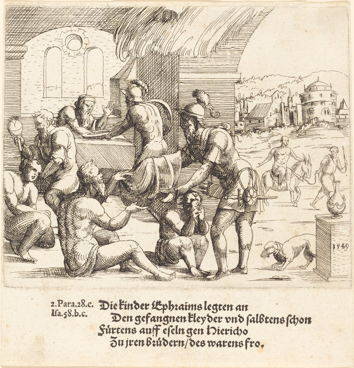 Os homens de Efraim cuidam de seus cativos e os devolvem a Jerico, 1549. de Augustin Hirschvogel