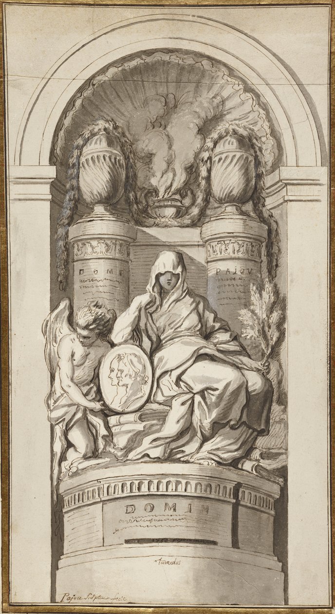 Estudo para um Monumento Funerário, 1750 (giz preto, caneta e tinta marrom, marrom e cinza, branco aumentando em duas folhas unidas) de Augustin Pajou