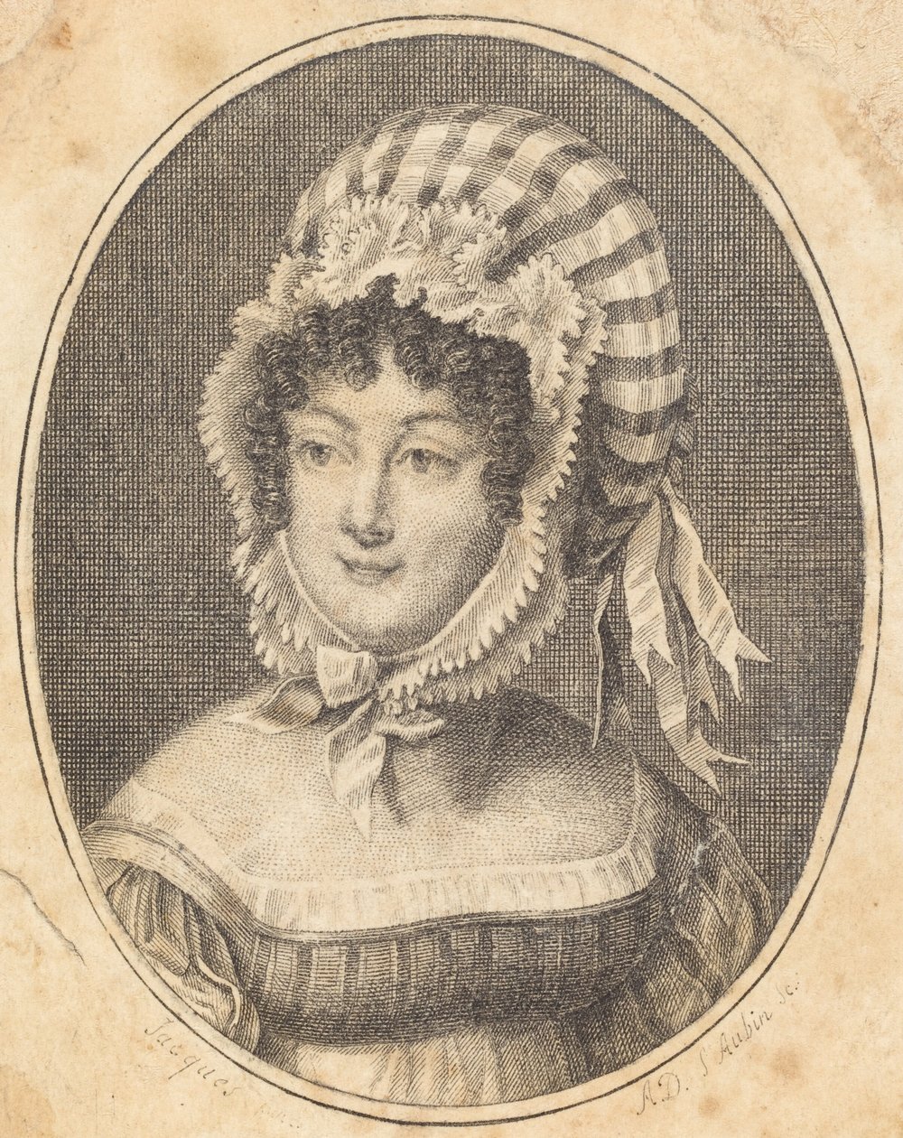 Cabeça de uma mulher vestindo um gorro listrado de Augustin de Saint-Aubin