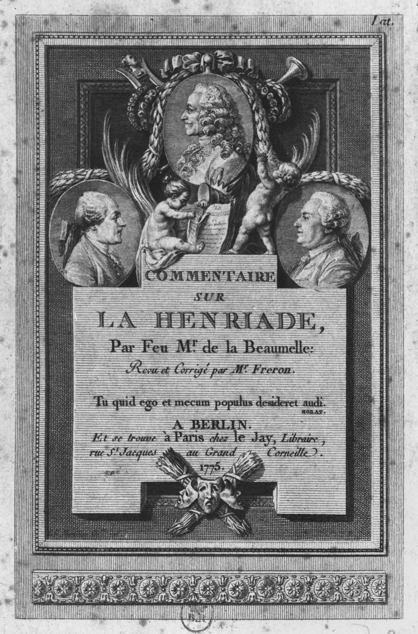 Frontispício do comentário de de la Beaumelle de &39;La Henriade&39; de Voltaire, revisado e atualizado por Freron, publicado em Berlim e Paris, 1775 de Augustin de Saint Aubin