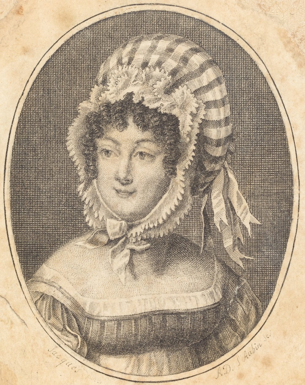 Cabeça de uma mulher vestindo um gorro listrado de Augustin de Saint Aubin
