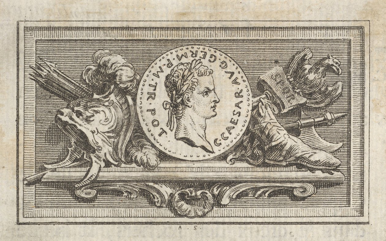 Medalha com Retrato de Calígula no 6º livro, de Tibère ou les six premi ..., publicada em 1768. de Augustin de Saint Aubin