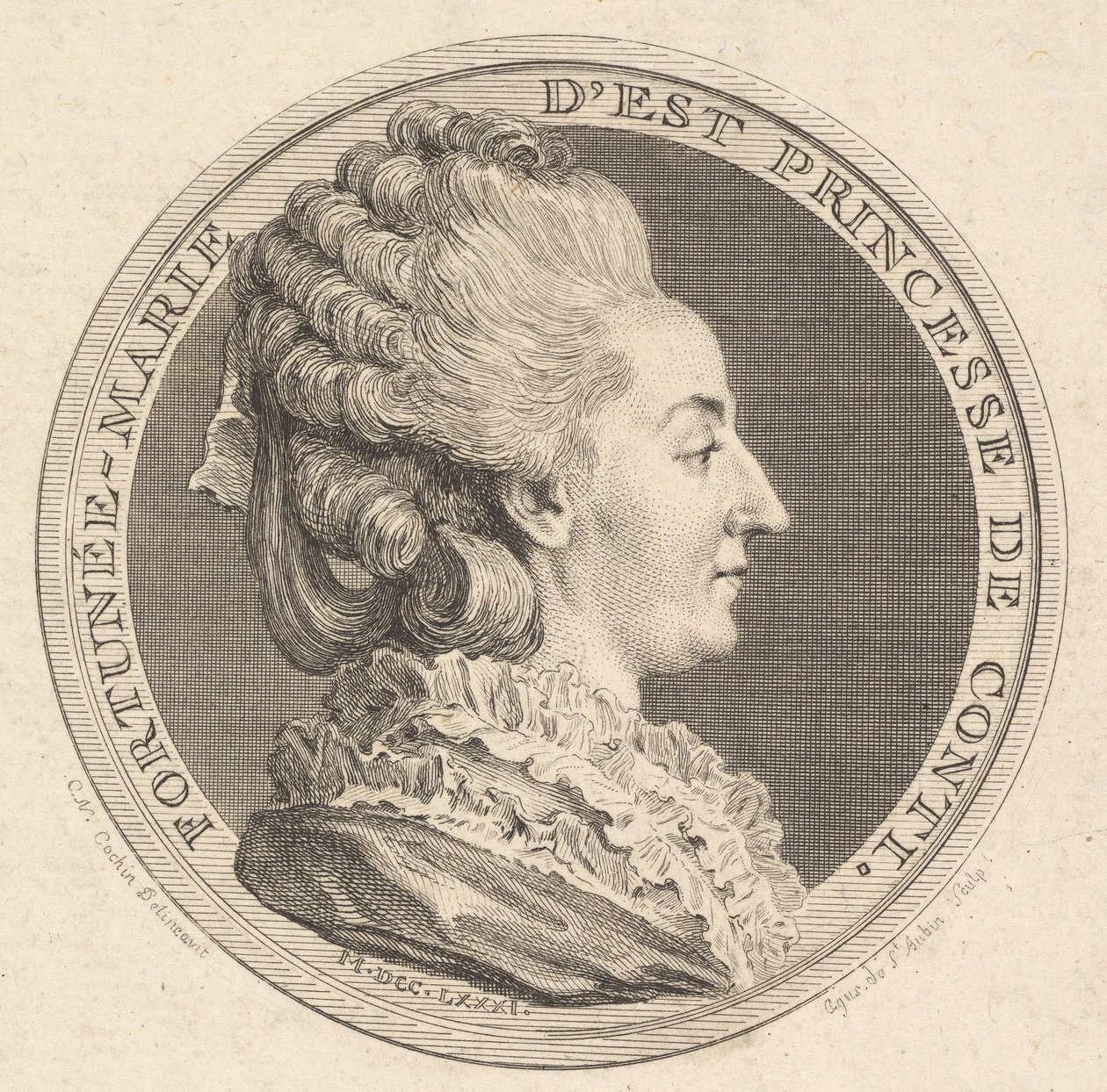 Gravura de uma medalha de retrato de Fortunée-Marie dEst, Princesse de Conti, 1781. de Augustin de Saint Aubin