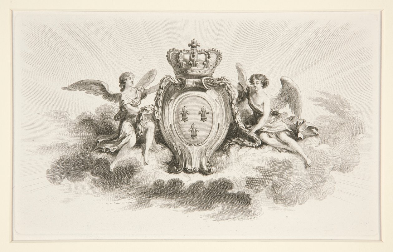 Royal Crest com Fleurs de Lis Flanked by Angels, reprodução do século XIX de Augustin de Saint Aubin