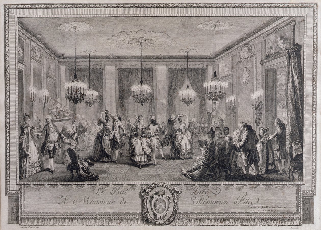 O baile de noite na Casa de Monsieur de Villemorien Fila, gravado por L. Provost (ver também 55452) de Augustin de Saint Aubin
