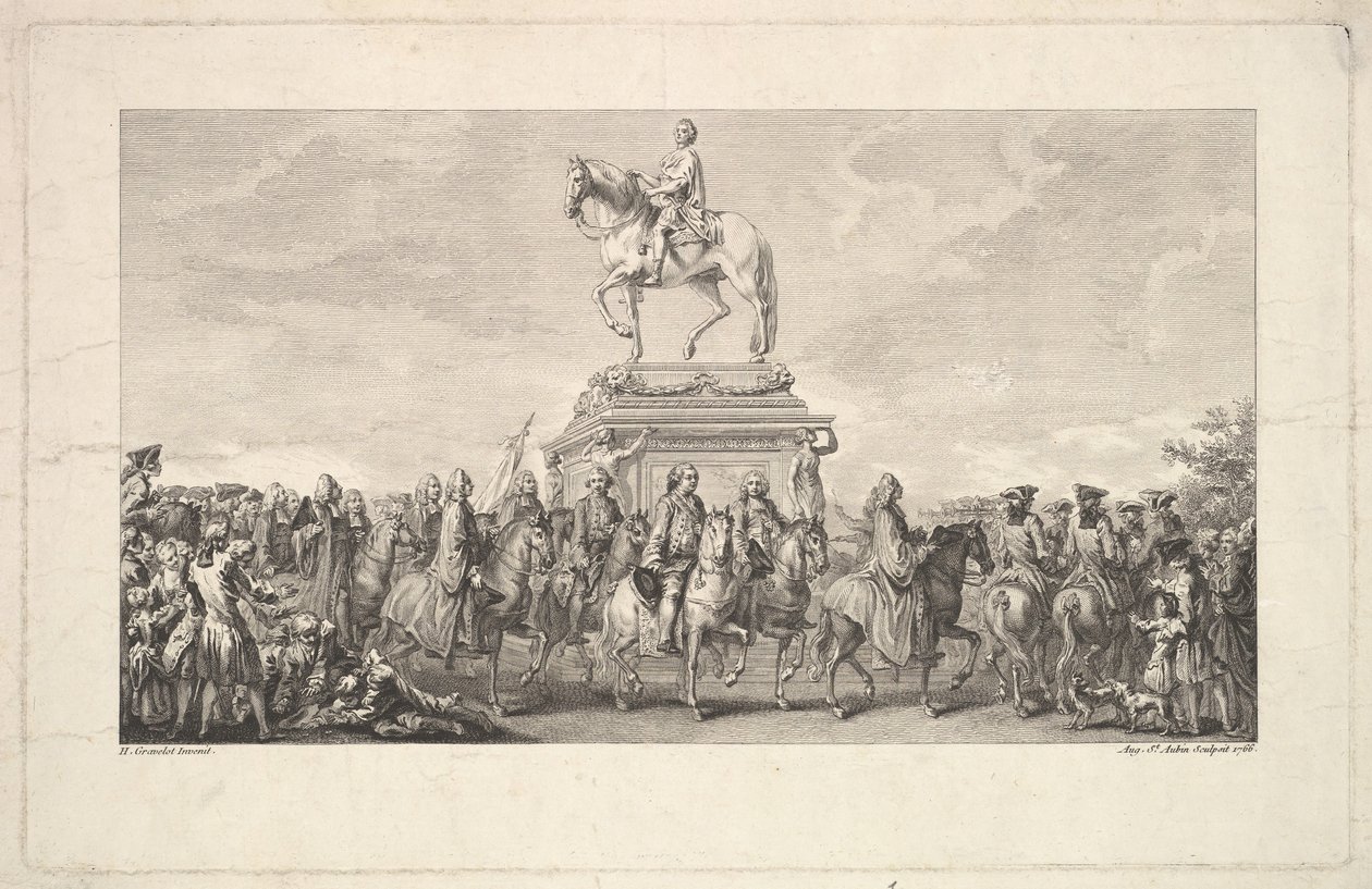 A inauguração da estátua de Luís XV, vinheta na página 1, da Description des Trava ..., 1766. de Augustin de Saint Aubin