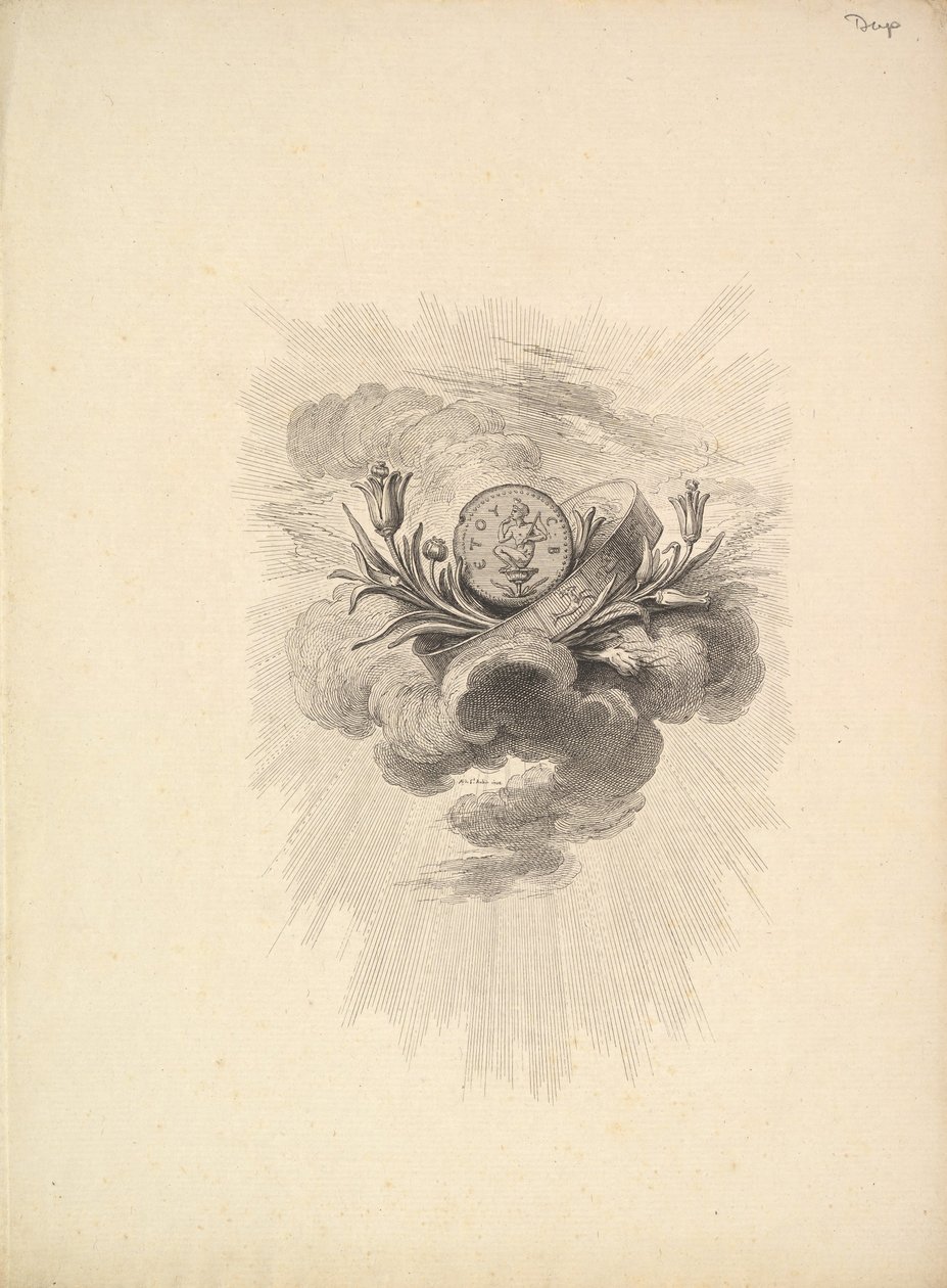 Vinheta com uma medalha representando Harpocrate e Lotus Flowers, Volume I, Página 12, de D ..., 1778-80. de Augustin de Saint Aubin