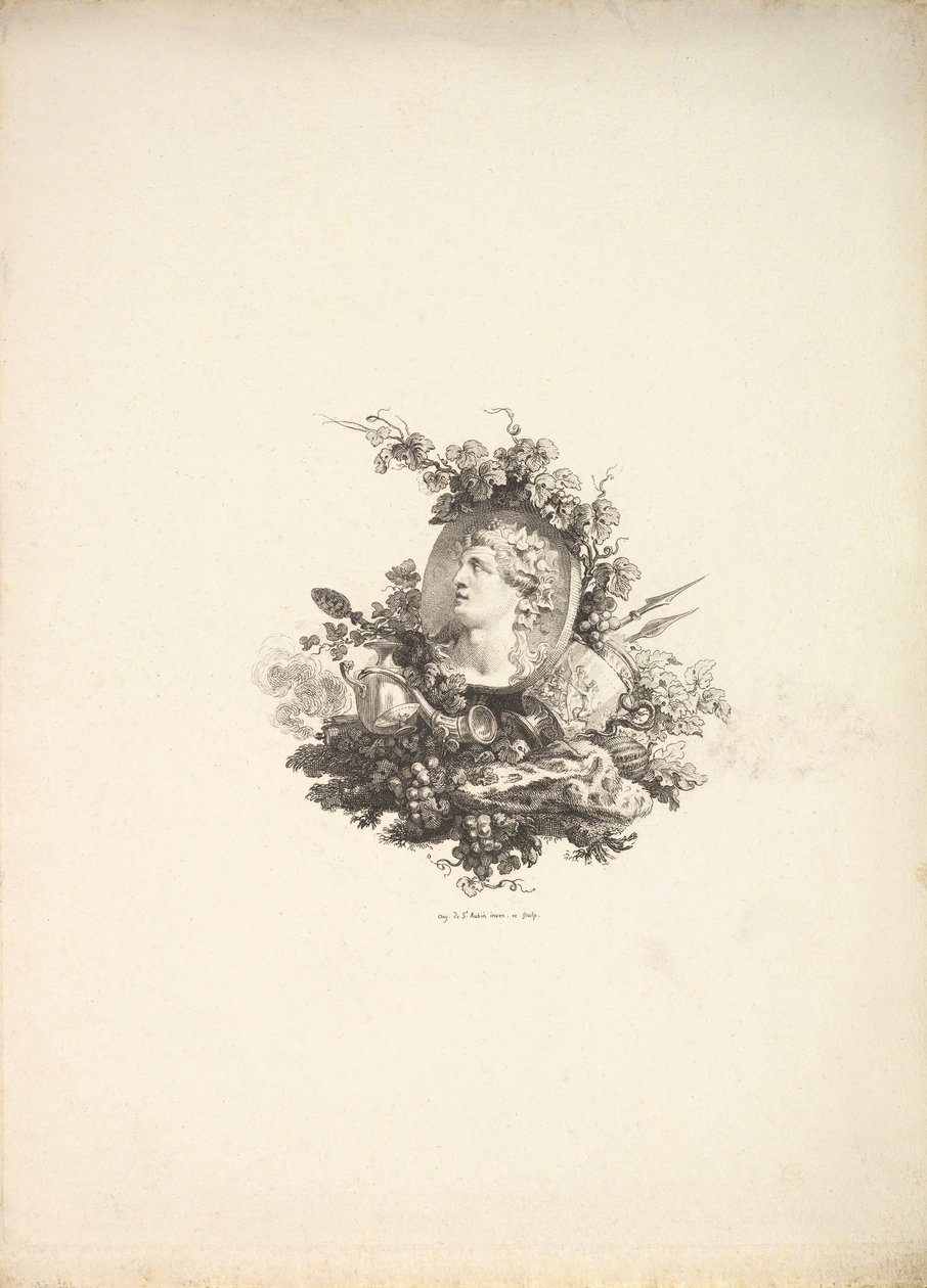Vinheta com a cabeça de Baco em uma cornalina, Tomo I, Página 242, de Description de ..., 1778-80. de Augustin de Saint Aubin