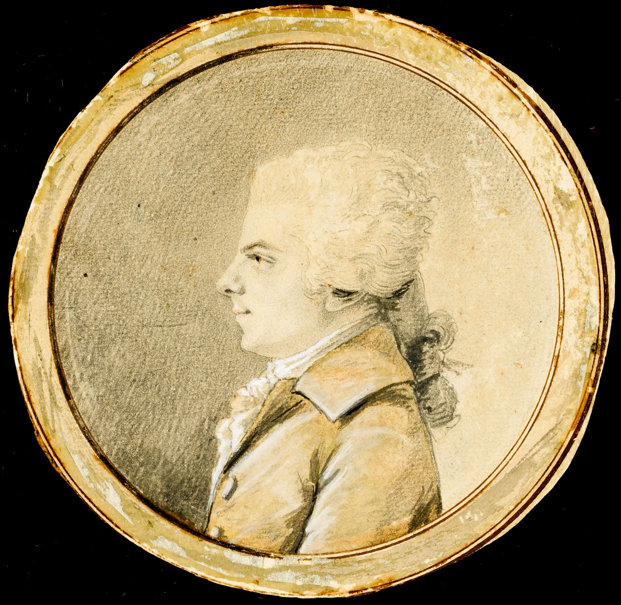 Wolfgang Amadeus Mozart - Augustin de Saint-Aubin (1736-1807). Sangue, giz preto e cor branca sobre papel, ca. 1778. Dimensão : D 13,8 cm. Colecção Particular de Augustin de Saint Aubin