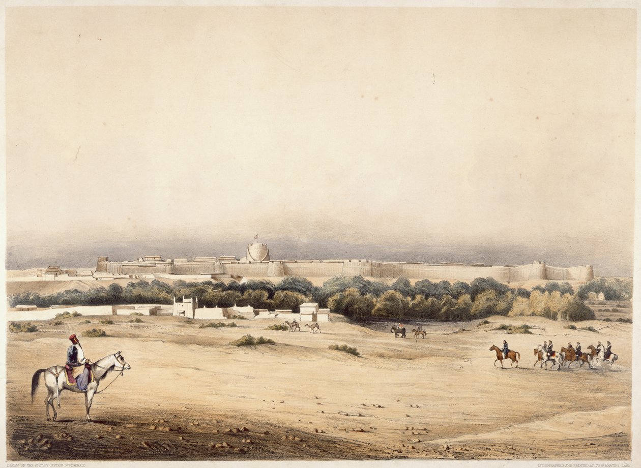 Sir Charles Napier em primeiro plano seguido por sua escolta de cavalo Scinde, Hyderabad, c.1850 (lito colorido) de Augustine Fitzgerald