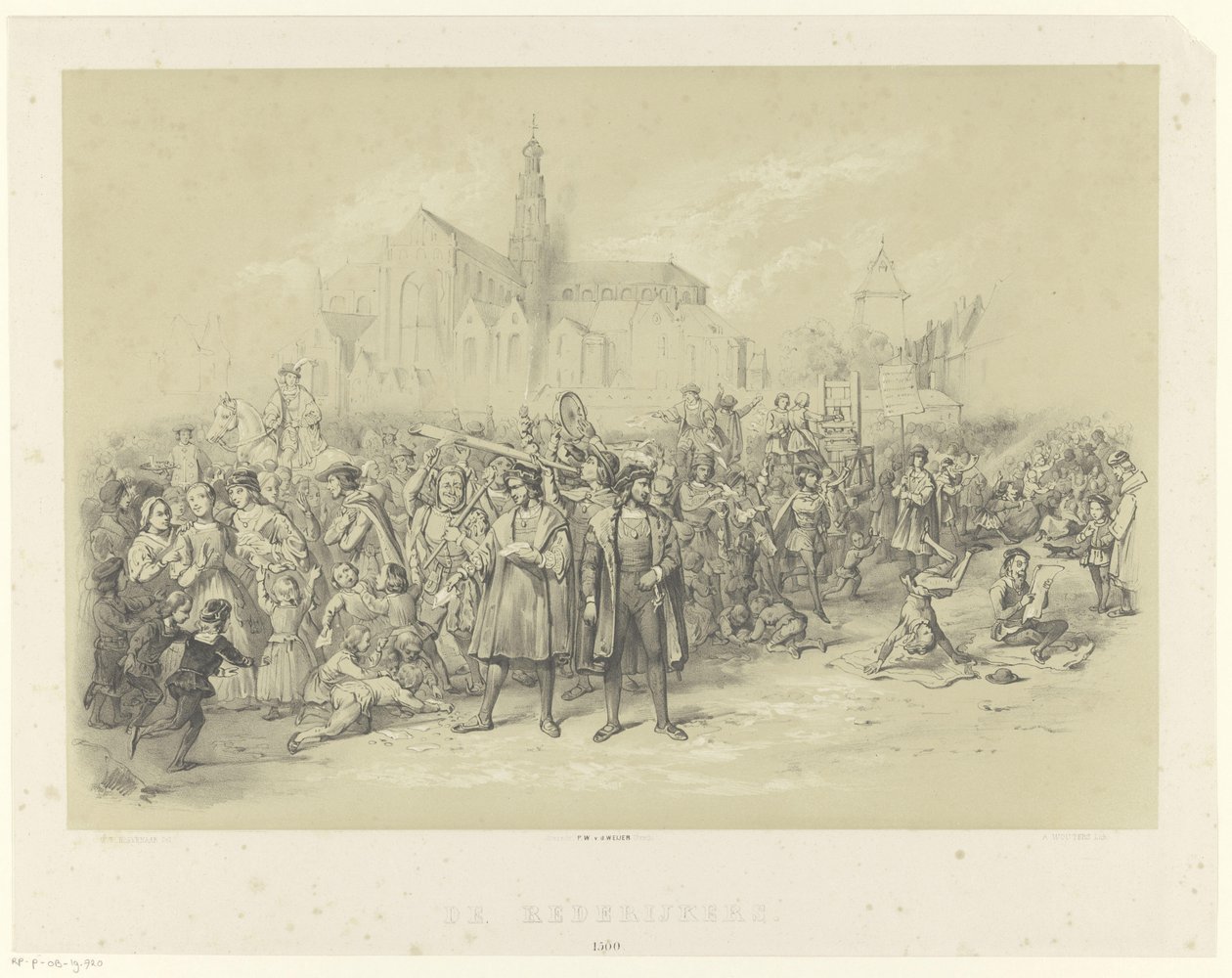 Os pedestres distribuem panfletos
The Rederijkers 1500 (título sobre o objecto) de Augustinus Jacobus Bernardus Wouters