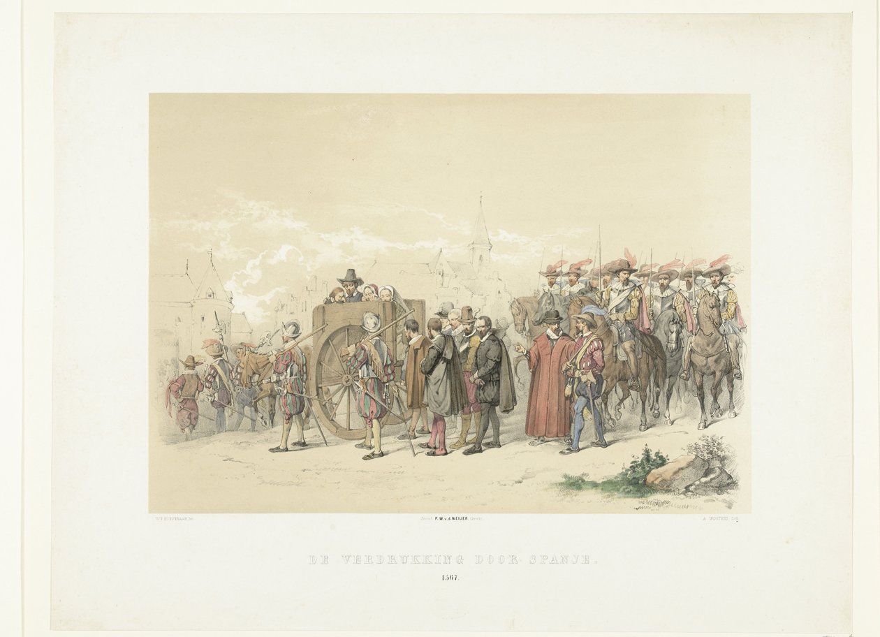 Transportar cidadãos em cativeiro por soldados espanhóis, 1567
A opressão por Espanha (título sobre o objecto) de Augustinus Jacobus Bernardus Wouters