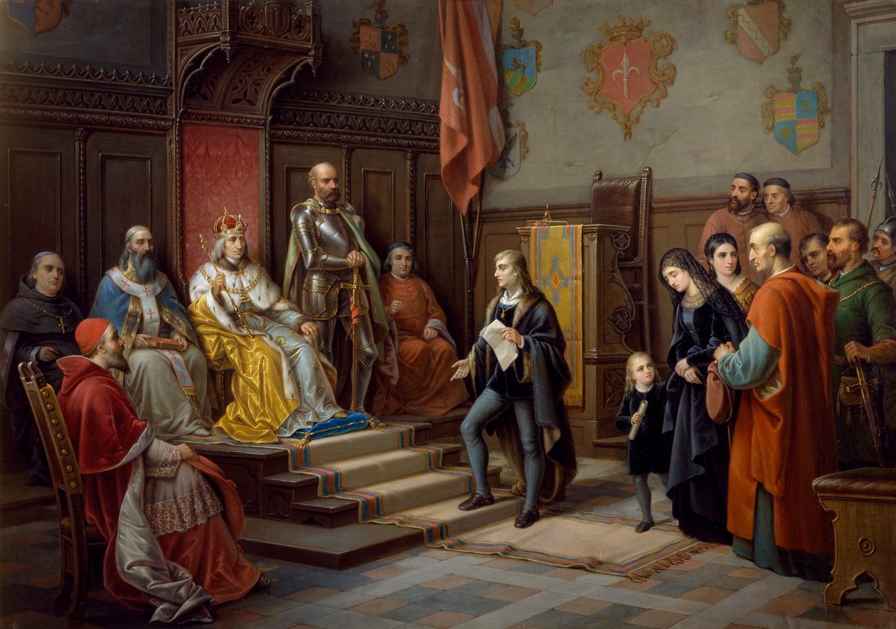 Frederick III, sendo pressionado a marchar contra os turcos pelo poeta Trieste Raffaele Zovenzoni, pintura de Augusto Tominz (1818-1883) de Augusto Tominz