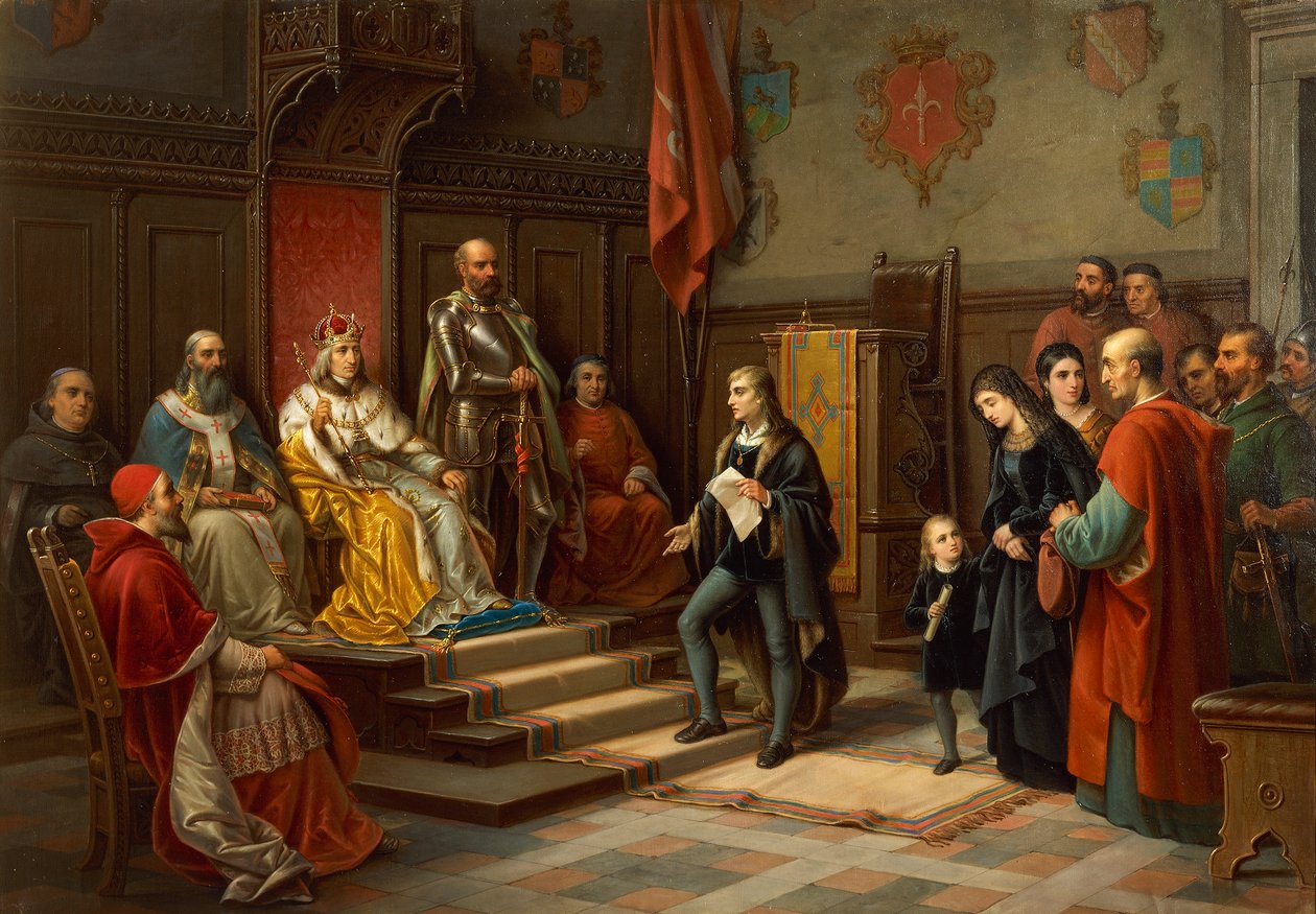 Frederick III, sendo pressionado a marchar contra os turcos pelo poeta Trieste Raffaele Zovenzoni, por Augusto Tominz (1818-1883) de Augusto Tominz