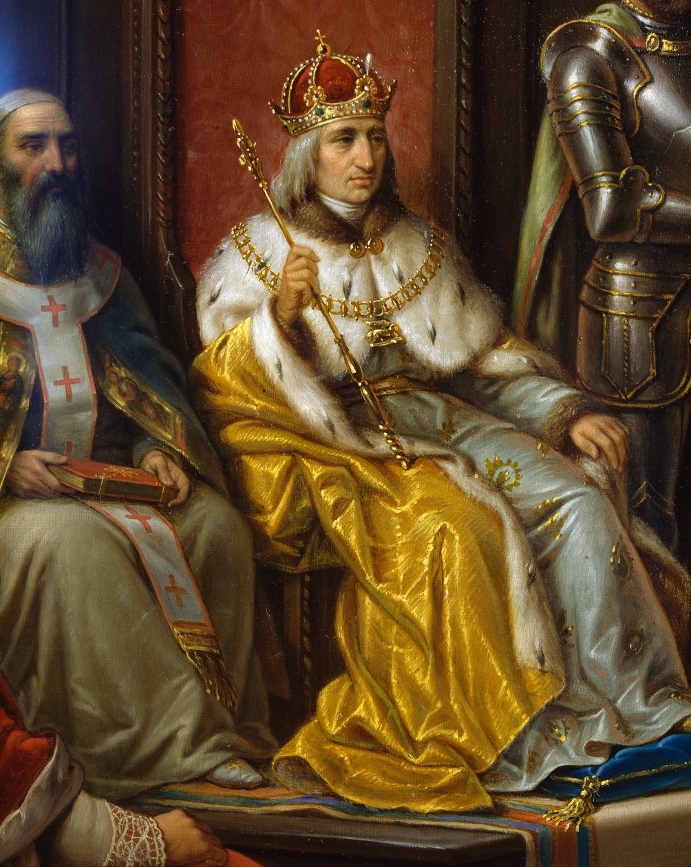 Frederico III, sendo pressionado a marchar contra os turcos pelo poeta Trieste Raffaele Zovenzoni, detalhe, por Augusto Tominz (1818-1883) de Augusto Tominz