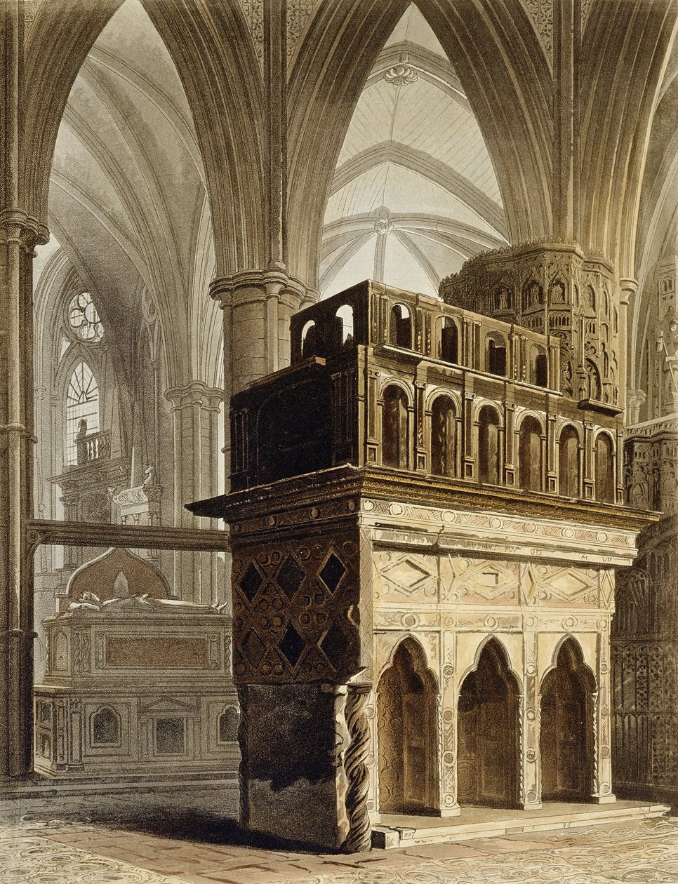 Monumento de Eduardo, o Confessor, placa M de &39;Westminster Abbey&39;, gravada por J. Bluck (fl.1791-1831) pub. por Rudolph Ackermann (1764-1834) 1812 (aquatinta) de Augustus Charles Pugin