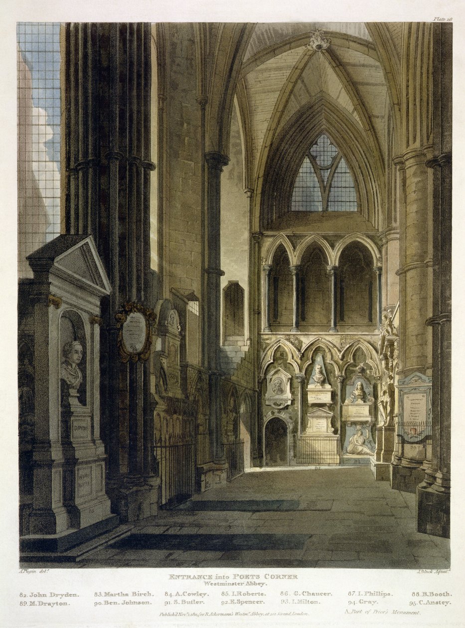 Entrada no canto do poeta, placa 26 da "Abadia de Westminster", gravada por J. Bluck (fl.1791-1831) pub. por Rudolph Ackermann (1764-1834) 1811 (aquatinta) de Augustus Charles Pugin