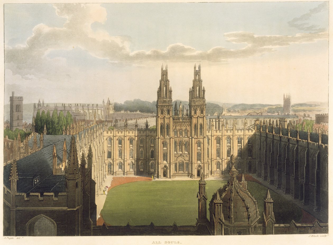 Vista exterior da faculdade de todas as almas, tomada da parte superior da biblioteca de Radcliffe, ilustração da "história de Oxford", gravada pelo bar de J. Bluck (fl.1791-1831). por R. Ackermann, 1814 (aquatinta) de Augustus Charles Pugin