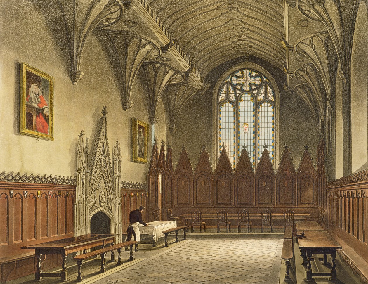Vista interior do salão da faculdade de universidade, ilustração da "história de Oxford", gravada por J. Hill, bar. por R. Ackermann, 1814 (aquatinta colorida) de Augustus Charles Pugin