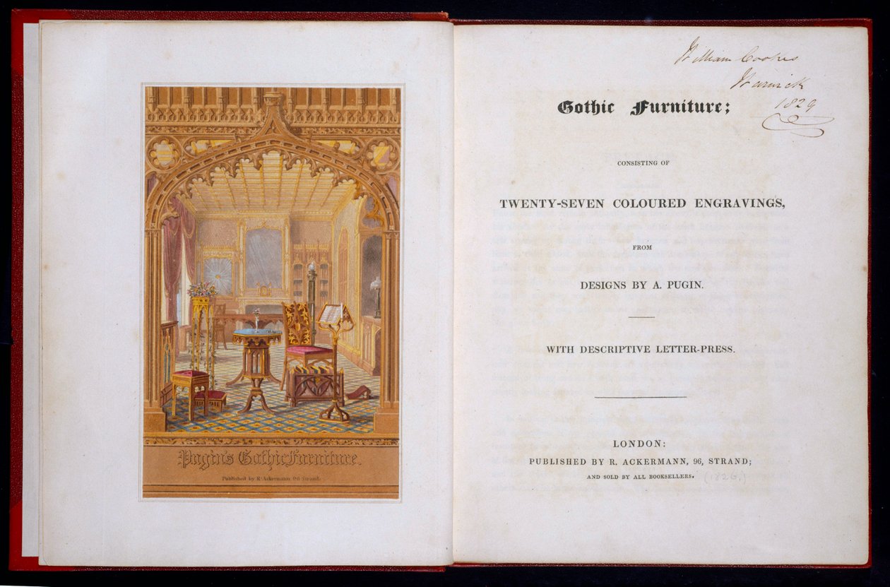 Página de título e frontis peça de mobiliário gótico, Pugin, Augutus Charles (1762-1832), 1826 de Augustus Charles Pugin