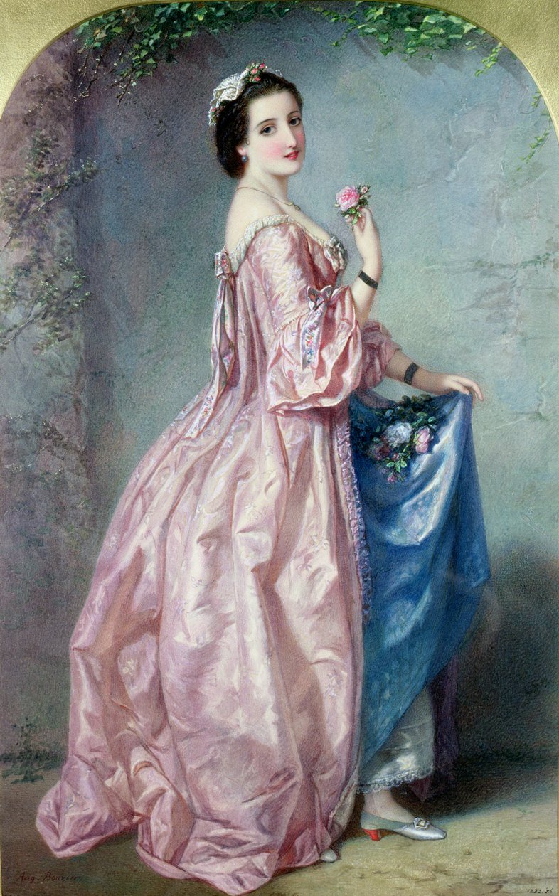 Senhora, segurando, flores, em, dela, anágua, 19o século, (watercolor, paper) de Augustus Jules Bouvier