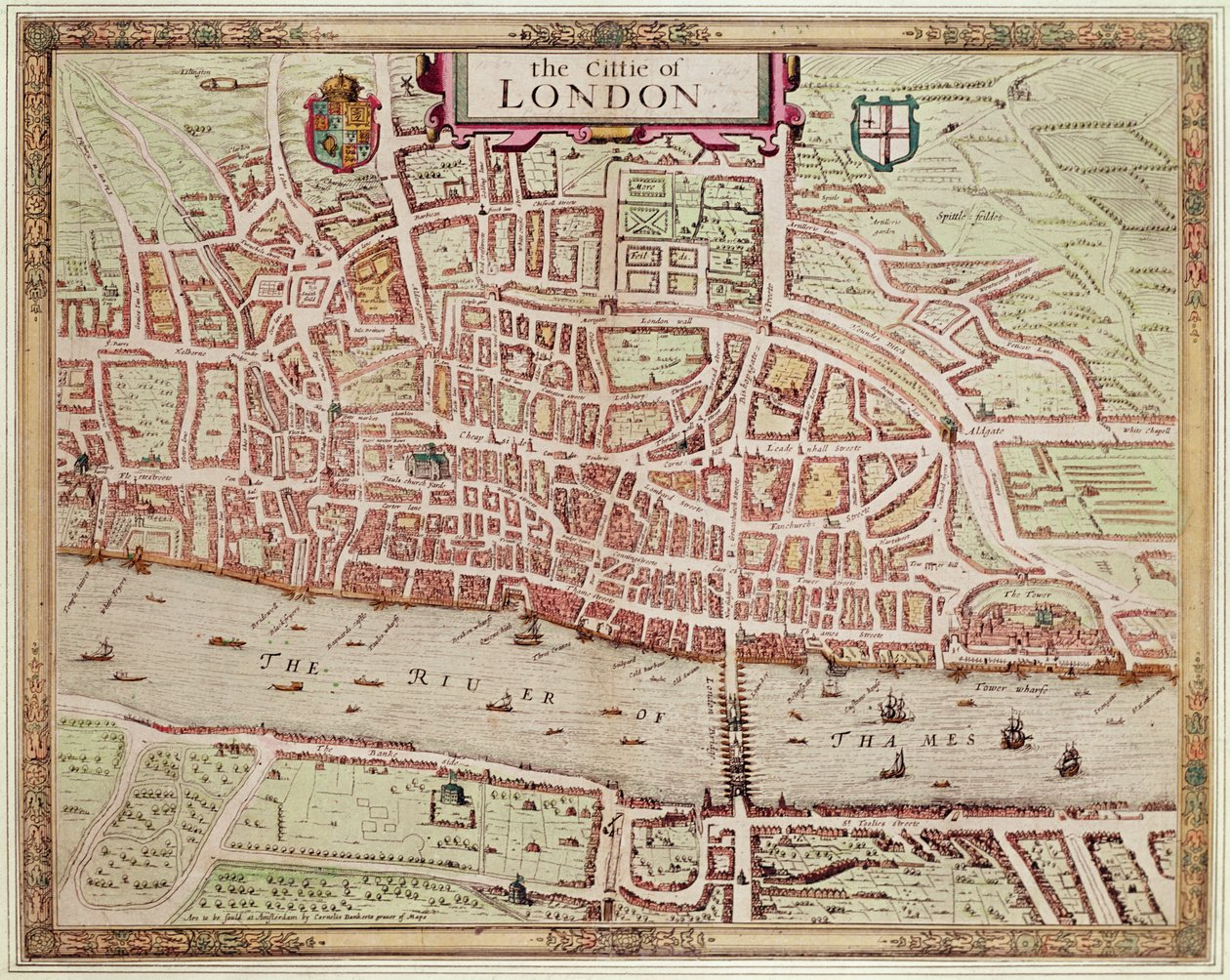 Mapa da &39;Cittie de Londres&39;, 1633 (gravura colorida à mão) de Augustus Ryther