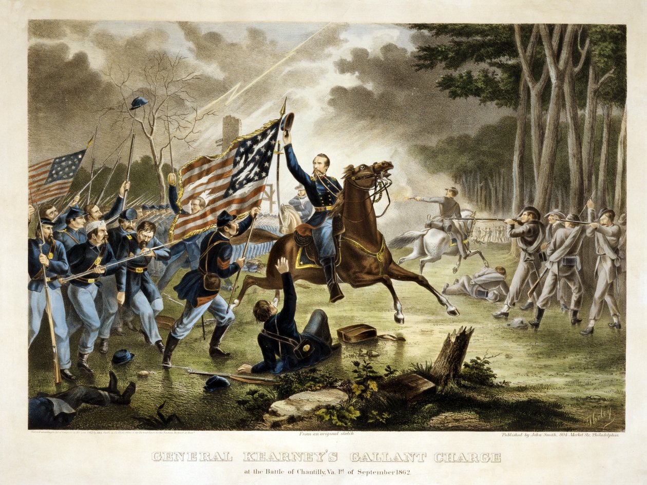 General Kearneys Gallant charge, na Batalha de Chantilly, Virgínia, 1 de setembro de 1862, pub. 1862 de Augustus Tholey