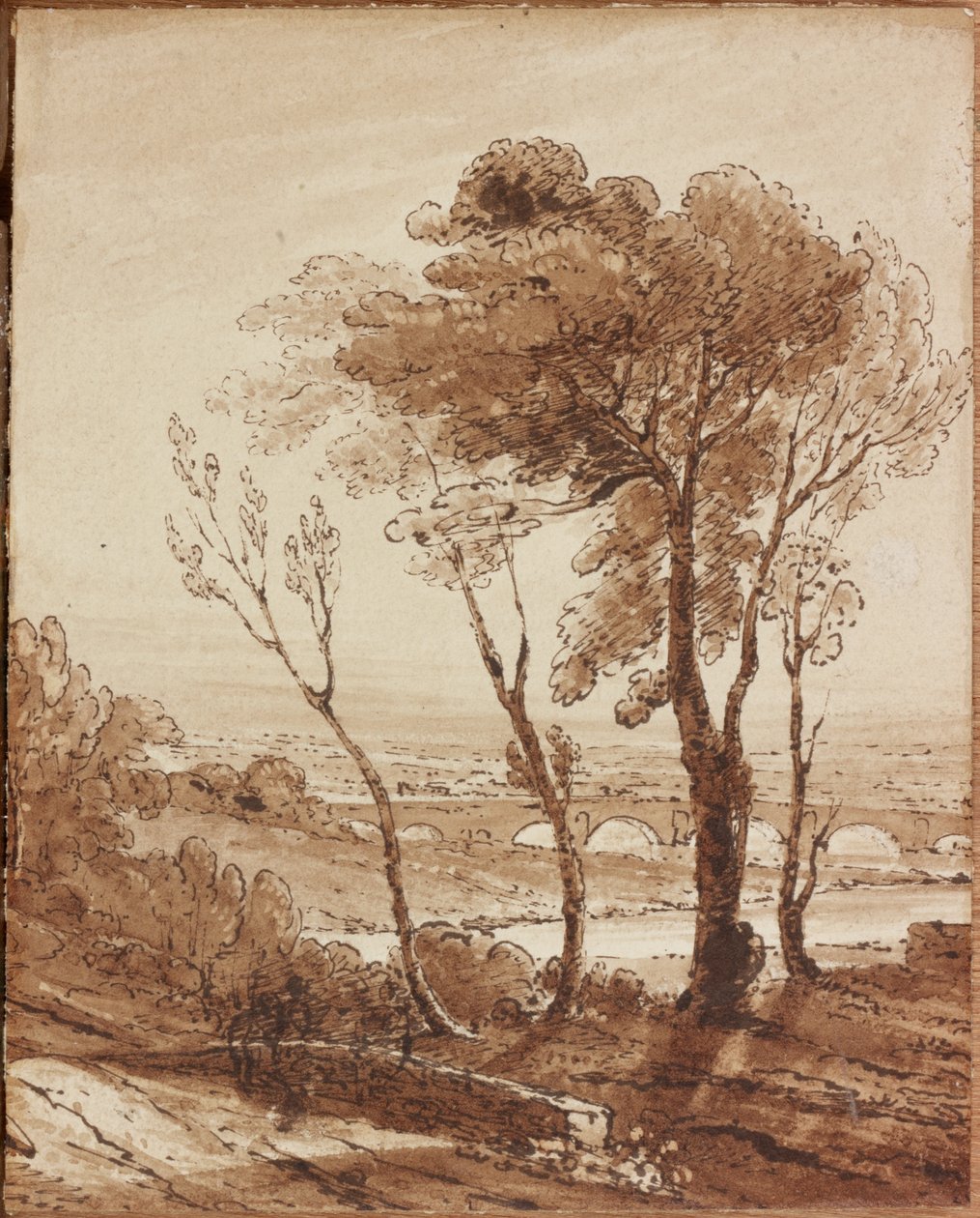 Paisagem com ponte (tinta e lavagem em papel (wove)) de Augustus Wall Callcott
