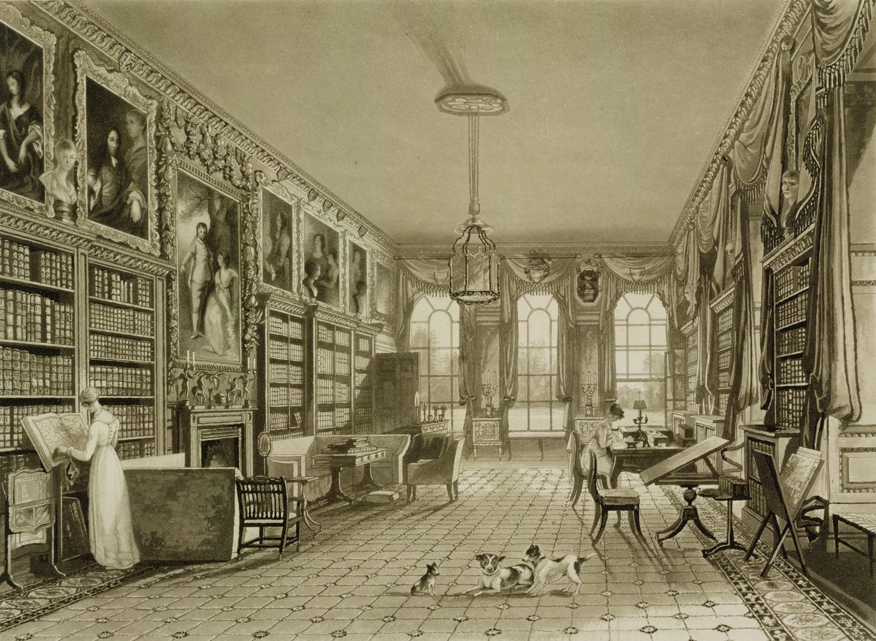 Biblioteca como sala de estar, Cassiobury Park, c.1815, de J. Britton "A História e descrição ... de Cassiobury Park", Londres, 1837, figuras gravadas por Meyer, aquatint por F. Lewis de Augustus Welby Northmore Pugin