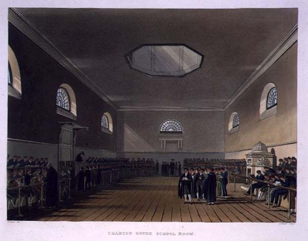 Charter House School Room, de "History of Charter House School", parte de "History of the Colleges", gravada por J. Bluck (fl.1791-1831) pub. por R. Ackermann de Augustus Charles (after) Pugin