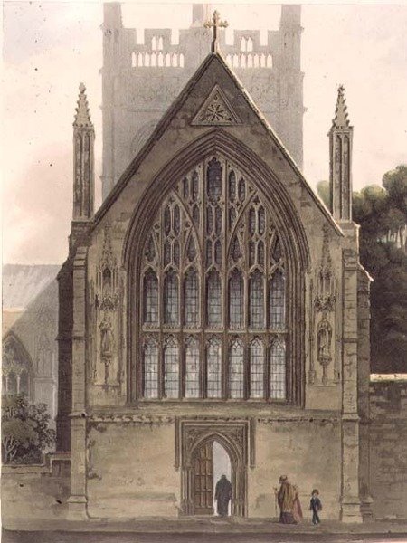 Exterior do Merton College, de frente para a janela norte da capela Ante, ilustração da 