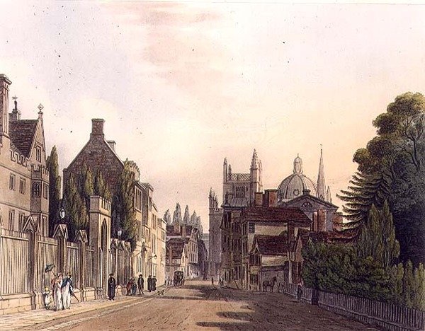 Exterior do Wadham Hall visto dos parques, ilustração da 