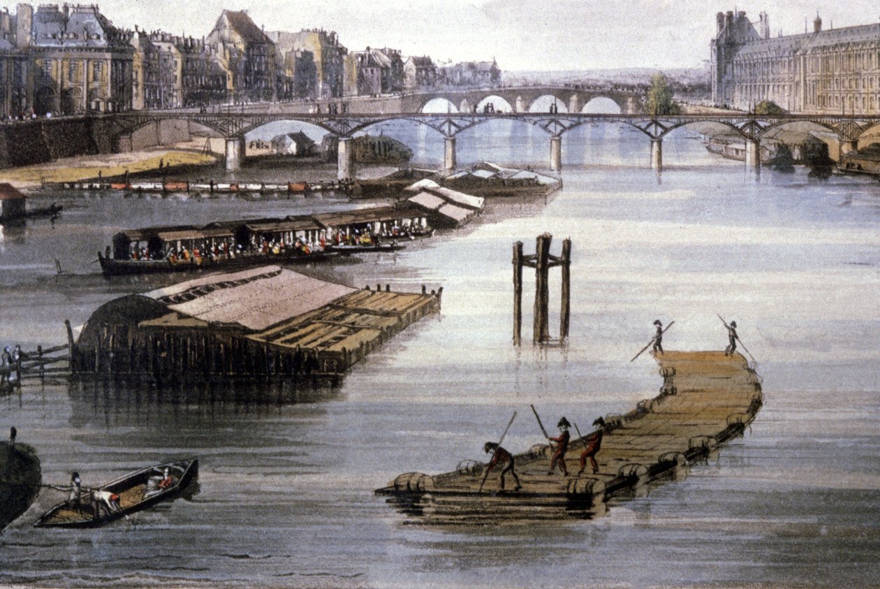 Transporte de mercadorias em Paris, c.1810 (gravura) de Augustus Charles (after) Pugin