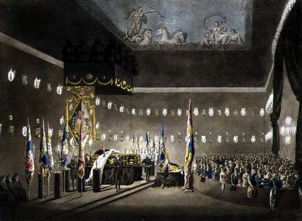 Restos de Lord Viscount Nelson deitado na Câmara de Pinturas do Hospital Greenwich, gravados por J. Merigot, pub. 1806 (gravura a cores) de Augustus Charles (after) Pugin