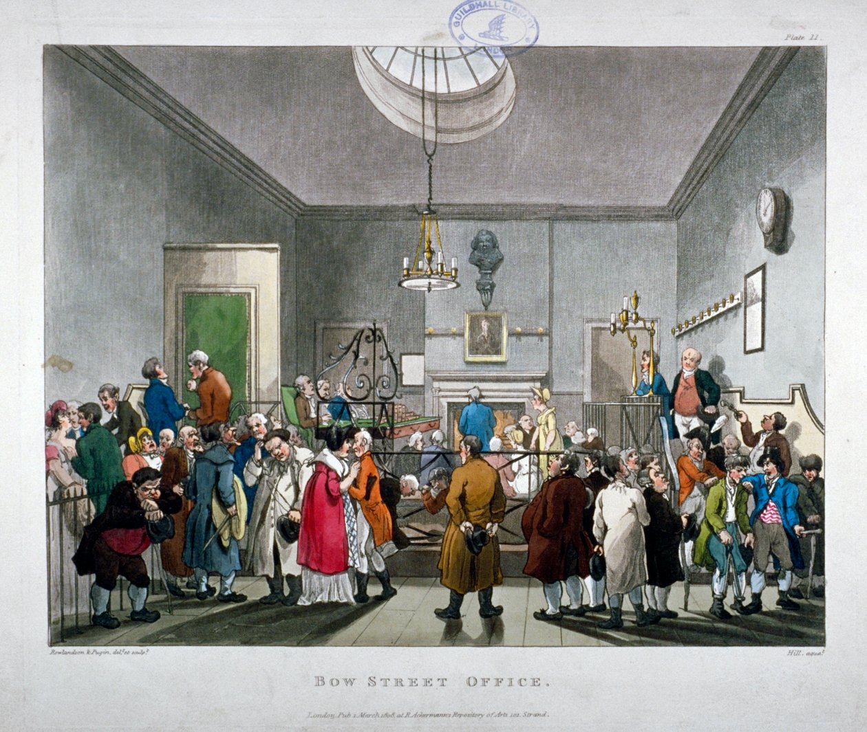 Tribunal de Polícia de Bow Street, Westminster, Londres, 1808 de Augustus Charles Pugin, Thomas Rowlandson