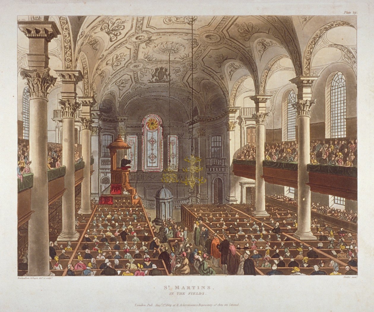 Interior da Igreja de St Martin-in-the-Fields, Westminster, Londres, 1809 de Augustus Charles Pugin, Thomas Rowlandson