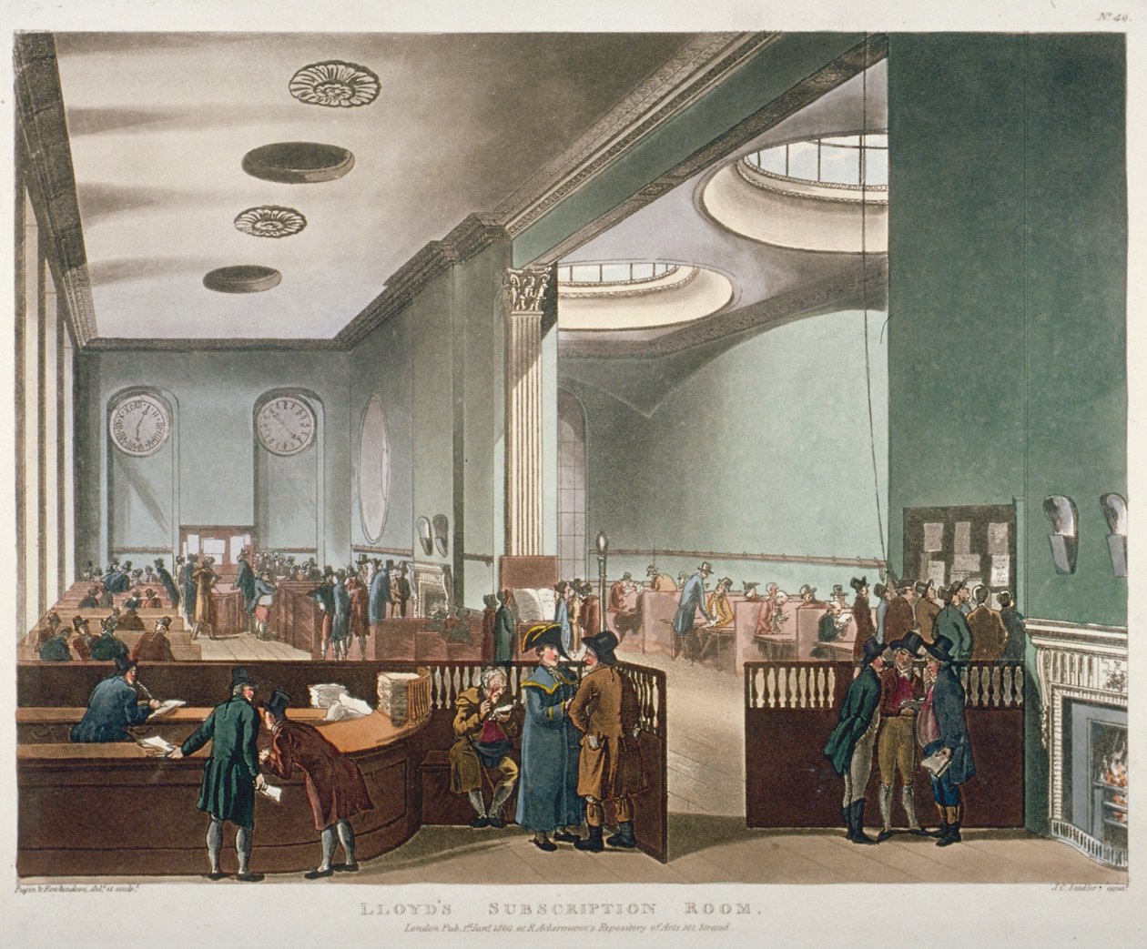 Vista interior da Sala de Assinatura do Lloyds no Royal Exchange, Cidade de Londres, 1809 de Augustus Charles Pugin, Thomas Rowlandson