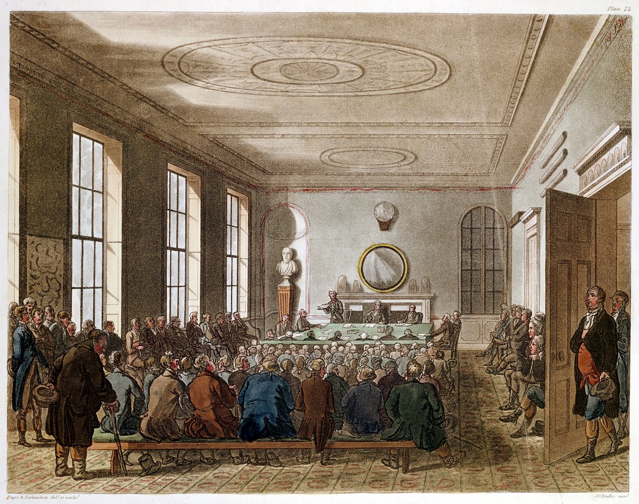 Reunião da Sociedade Agrícola, Londres, 1808-1810 de Augustus Charles Pugin, Thomas Rowlandson
