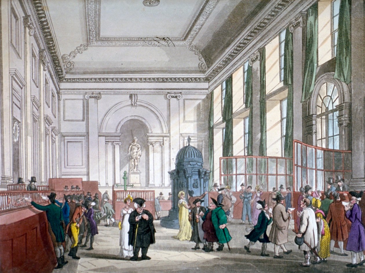The Great Hall no Bank of England, City of London, 1809, com clientes. e funcionários de Augustus Charles Pugin, Thomas Rowlandson