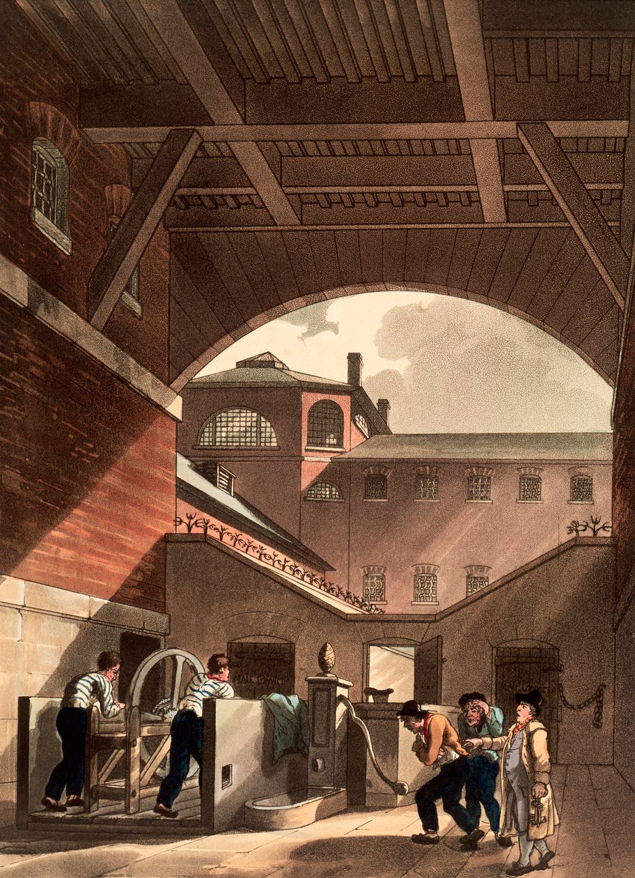 Motor de água na Prisão Cold Bath Fields, Londres, 1808 de Augustus Charles Pugin, Thomas Rowlandson