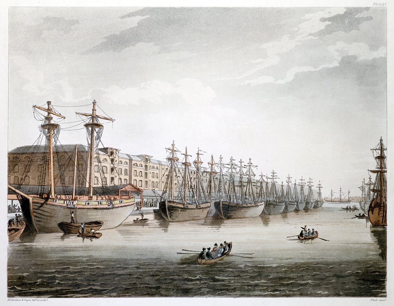 West India Docks, Londres, 1808-1810 de Augustus Charles Pugin, Thomas Rowlandson