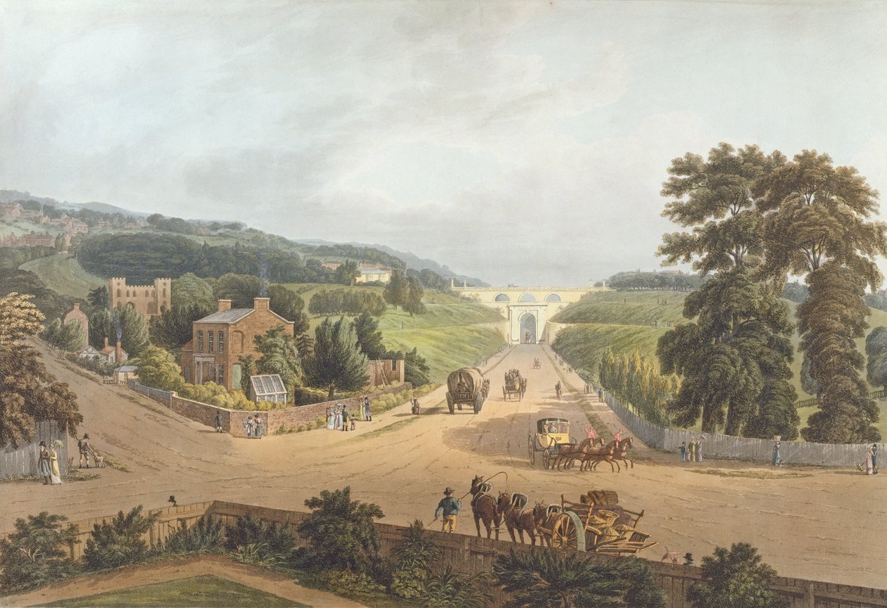 Uma vista do arco de Highgate, 1821, gravado por John Hill (1770-1850) (aquatint) de Augustus Charles Pugin