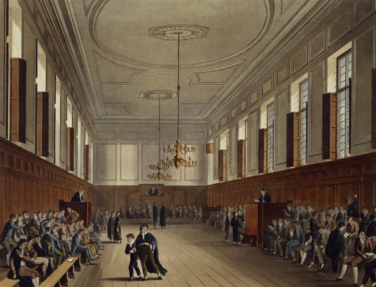Sala da escola de Eton, de "História da faculdade de Eton", parte da "história das faculdades", gravada pelo bar de Joseph Constantine Stadler (fl.1780-1812). por R. Ackermann, 1816 (aquatinta) de Augustus Charles Pugin