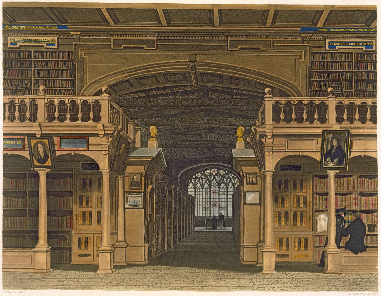 Interior da biblioteca de Bodleian, ilustração da "história de Oxford", gravada pelo bar de Joseph Constantine Stadler (fl.1780-1812). por R. Ackermann, 1813 (aquatinta) de Augustus Charles Pugin