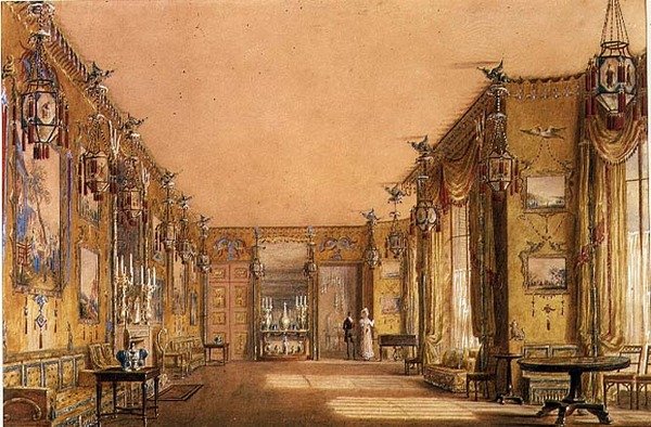 Interior da Sala de Desenho Amarela no Brighton Pavilion, c.1820 (aguarela e guache sobre papel) de Augustus Charles Pugin
