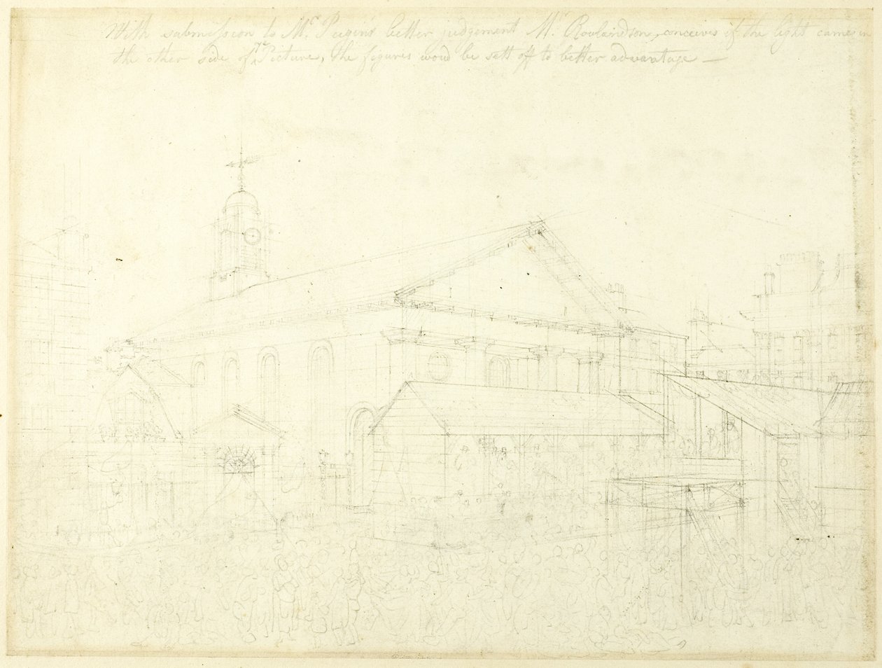 Estudo para o Mercado de Covent Garden, Eleição de Westminster, de Microcosmos de Londres de Augustus Charles Pugin